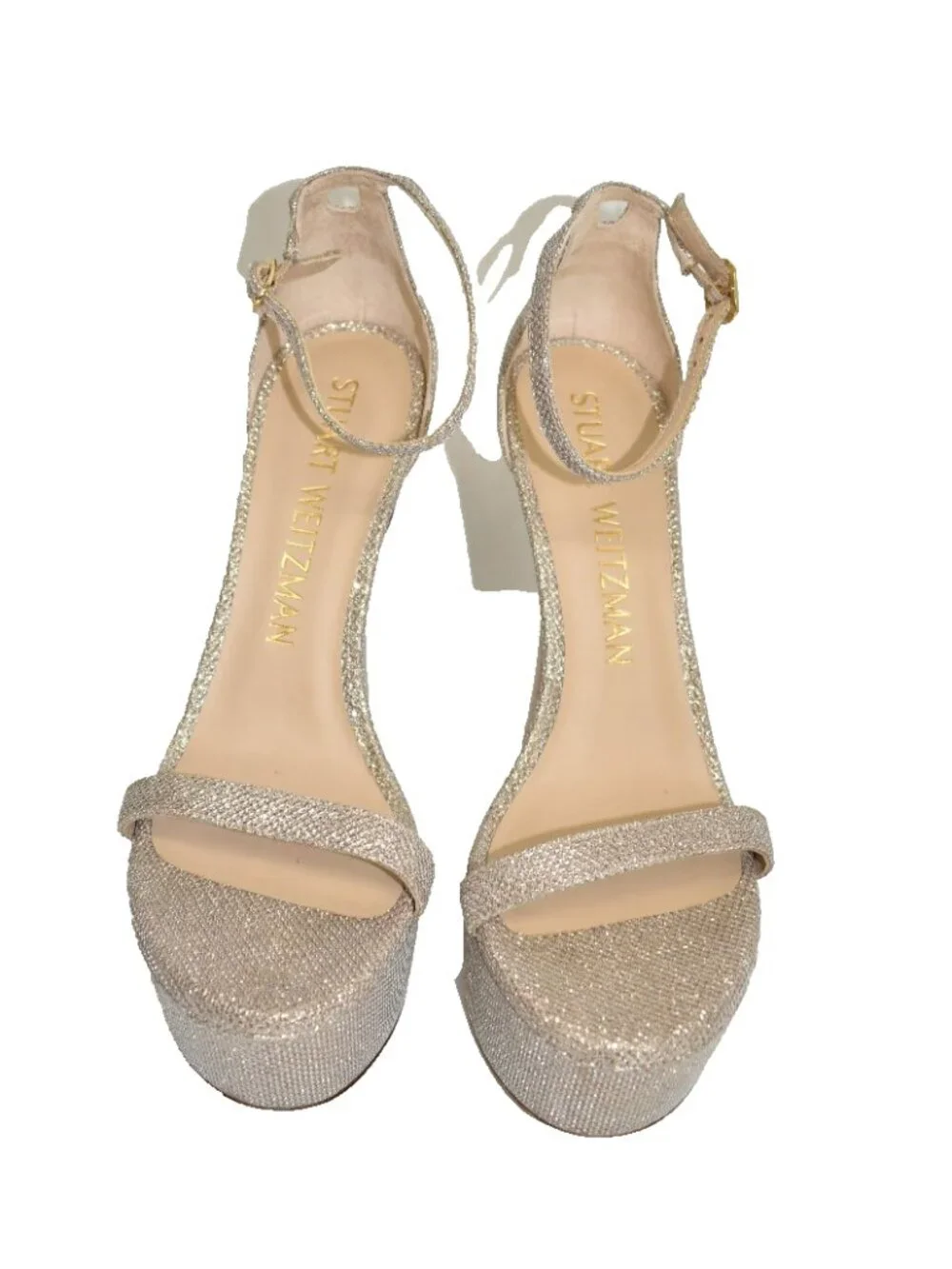 $600 STUART WEITZMAN NUDIST HOLLYWOOD PLATFORM PATENT GLITTER GOLD 9 B (PD1)